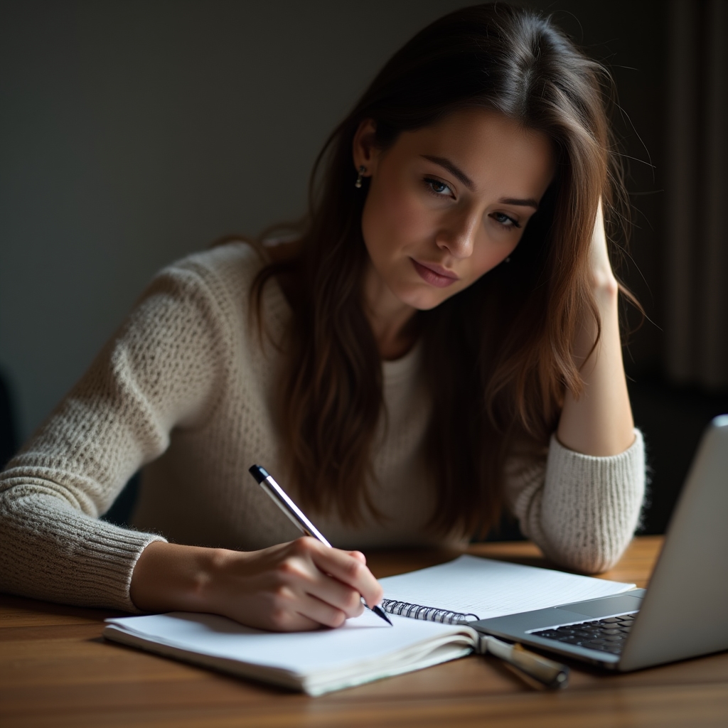 Person sitting at a desk reviewing handwritten notes before a preparatory call, close-up on hands and notebook