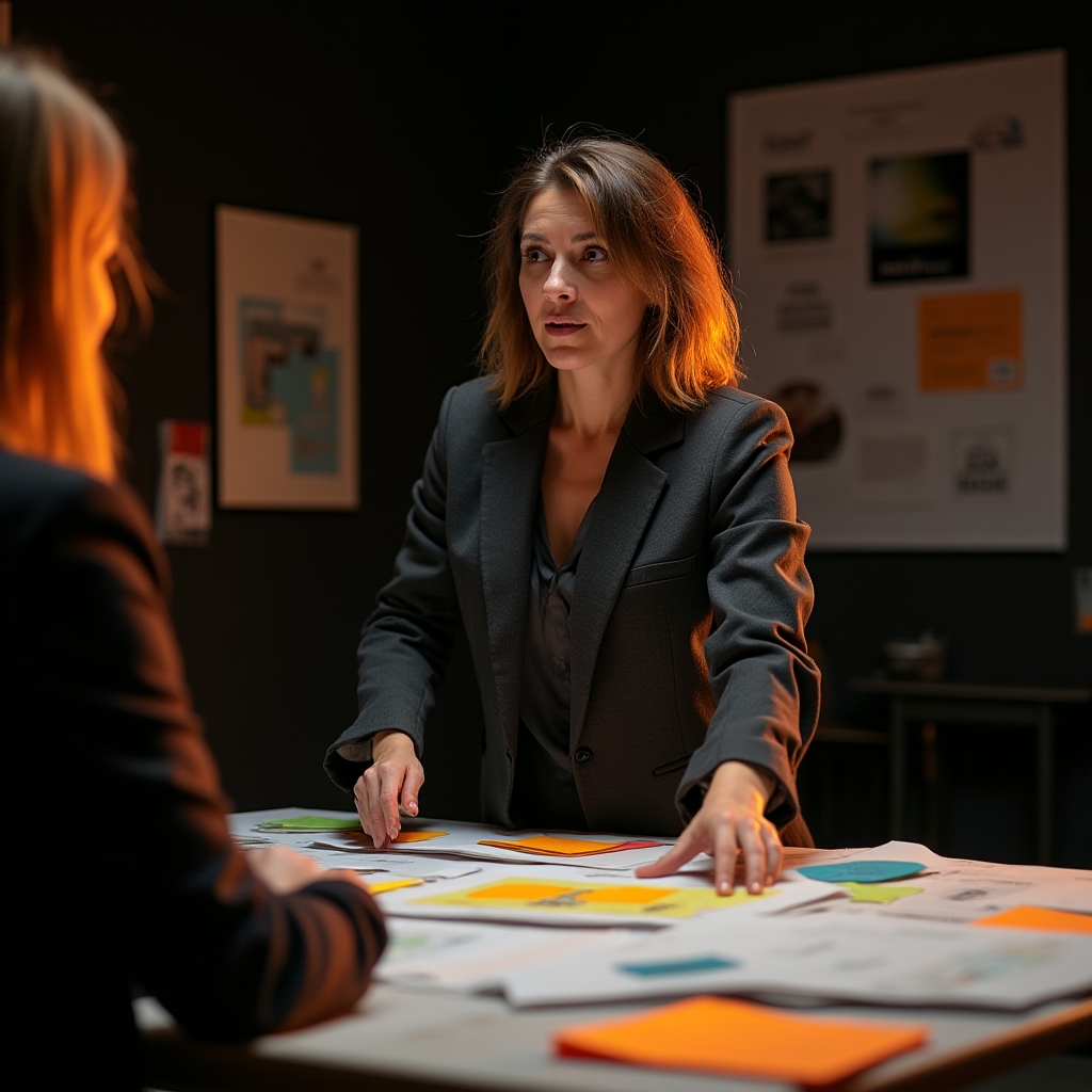 Facilitator leading a small team through a positioning exercise at a studio table covered in sticky notes
