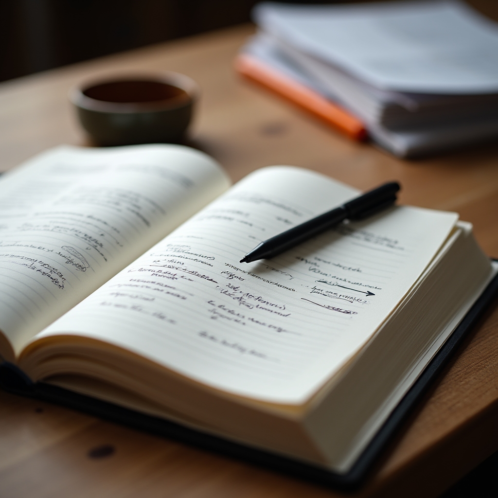 Open notebook with hand-drawn positioning diagrams and a pen resting across the page