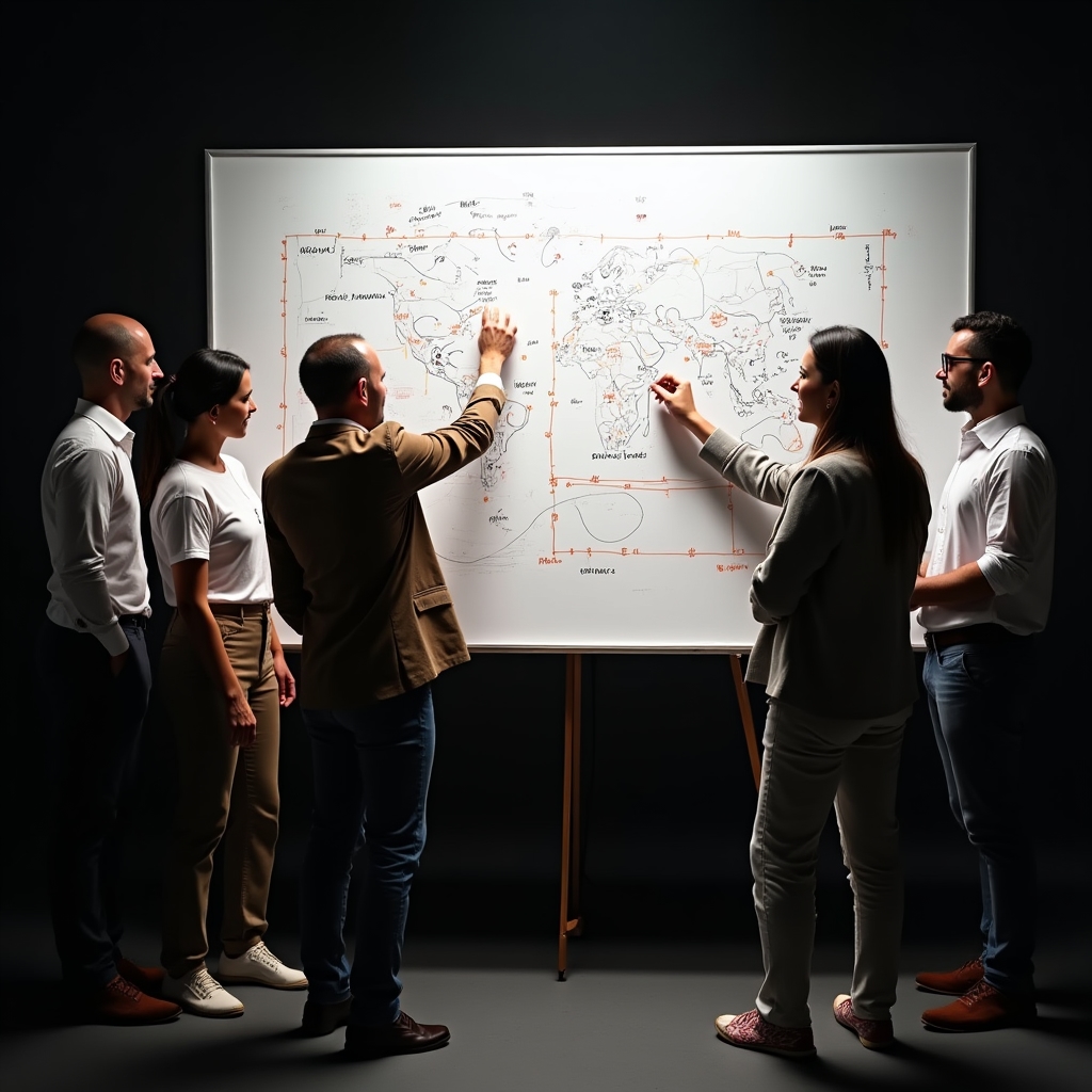 Group of colleagues brainstorming positioning ideas on a large studio whiteboard